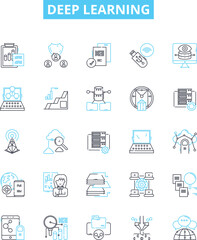Deep learning vector line icons set. Deep, Learning, Neural, Networks, AI, Machine, Learning illustration outline concept symbols and signs