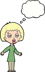 cartoon tired woman with thought bubble