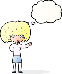 cartoon woman gesturing with thought bubble