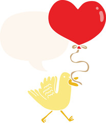 cartoon bird and heart balloon and speech bubble in retro style