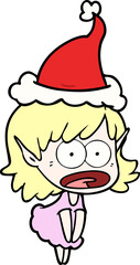 line drawing of a shocked elf girl wearing santa hat