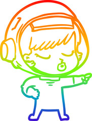 Fototapeta premium rainbow gradient line drawing cartoon pretty astronaut girl pointing