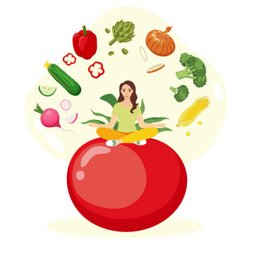 Vector image of a girl sitting on a red tomato and vegetables around. Vegetable illustration for the concept of healthy eating, veganism, fresh vegetables, etc. 
