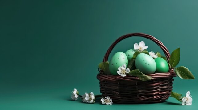 easter eggs in basket isolated on green background with copy space for spring holiday. Generative Ai