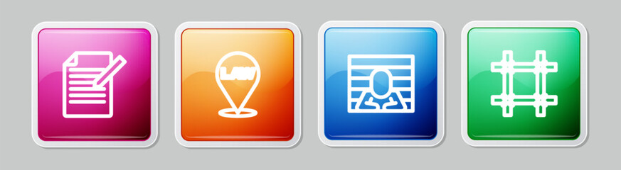 Set line Document and pen, Location law, Prisoner and window. Colorful square button. Vector