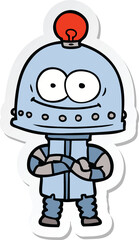 sticker of a happy carton robot with light bulb