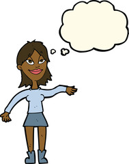 cartoon woman making hand gesture with thought bubble
