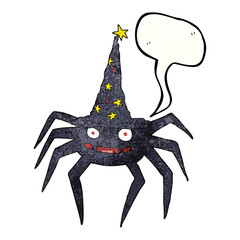 speech bubble textured cartoon halloween spider in witch hat