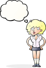cartoon surprised woman with hands on hips with thought bubble