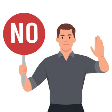 Stop sign and rejection concept. Young serious man cartoon character standing with red sign stop in hands and showing his palm with refusing emotion