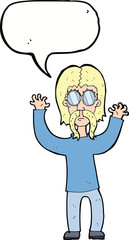 cartoon hippie man waving arms with speech bubble