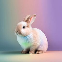 cute fluffy furry easter rabbit on white background rainbow lights sitting