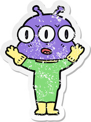 distressed sticker of a cartoon three eyed alien