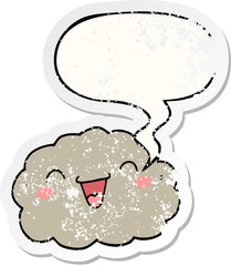 happy cartoon cloud and speech bubble distressed sticker