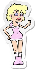 sticker of a cartoon woman making dismissive gesture