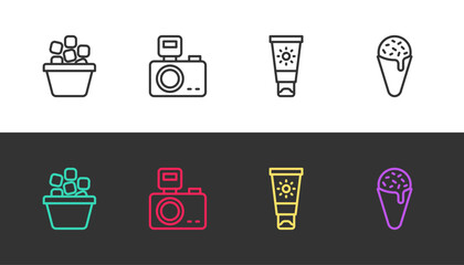 Set line Ice bucket, Photo camera with flash, Sunscreen cream in tube and waffle cone on black and white. Vector