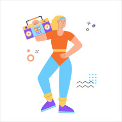 Woman doing boombox aerobic. Trendy 70s and 80s concept illustration. Retro sport outfit. Disco party. Workout, fitness. Vector illustration, isolated.