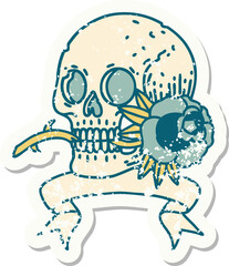 grunge sticker with banner of a skull and rose