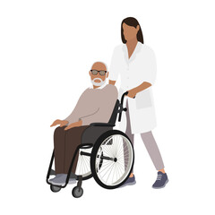 Person in wheelchair. An elderly man and a nurse. A person with disabilities vector illustration. 