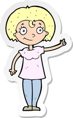 sticker of a cartoon happy woman pointing