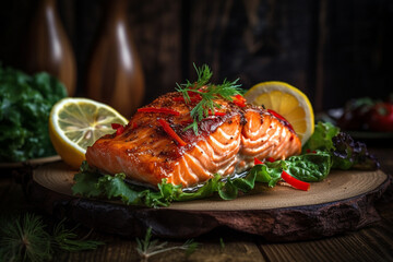 One piece of baked salmon grilled pepper lemon and salt on a brown plate with lettuce leaves. wooden table background. AI Generative