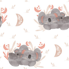 watercolor pattern koala with moon mother and baby, seamless pattern for textiles and packaging with flowerі and branches