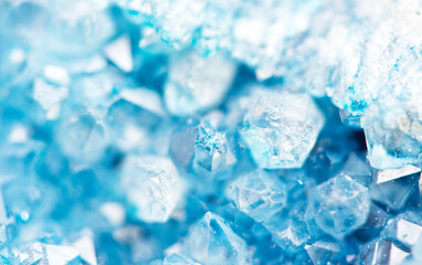 Winter background of blue agate crystals closeup