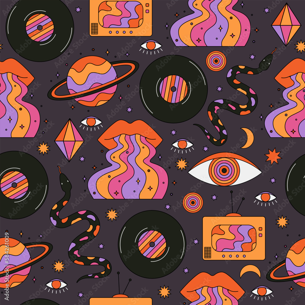 Poster seamless pattern with abstract psychedelic retro elements. 70s and 80s geometric space background. t