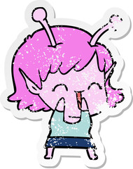 distressed sticker of a cartoon alien girl laughing