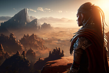 Imaginative Artwork | Heroic Fantasy Game Character Reaches the Peak of Towering Mountain, Beholding Breathtaking View of Sun-Drenched Valley Below. Adventure and Triumph, Amidst Natural Splendor. Ai