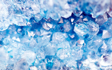 Winter background of blue agate crystals closeup