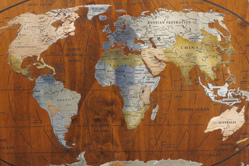 World Geographic Map Made of Metallic Material with the African Continent in the Foreground