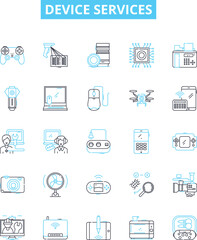 Device services vector line icons set. Device, Services, Repair, Network, Computer, Maintenance, Diagnostics illustration outline concept symbols and signs