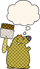 cartoon bear with paint brush and thought bubble in comic book style