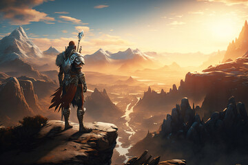 Conceptual Fantasy Art | Legendary Game Character Reaches Majestic Mountain, Delighting in Mesmerizing Vista of Sun-Kissed Valley Below. Thrilling Exploration of High Altitudes,Amidst Serene Beauty.AI