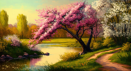 A blossoming tree with pink flowers near a river. Spring illustration. Generative AI
