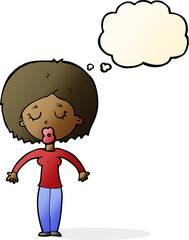 cartoon woman with closed eyes with thought bubble