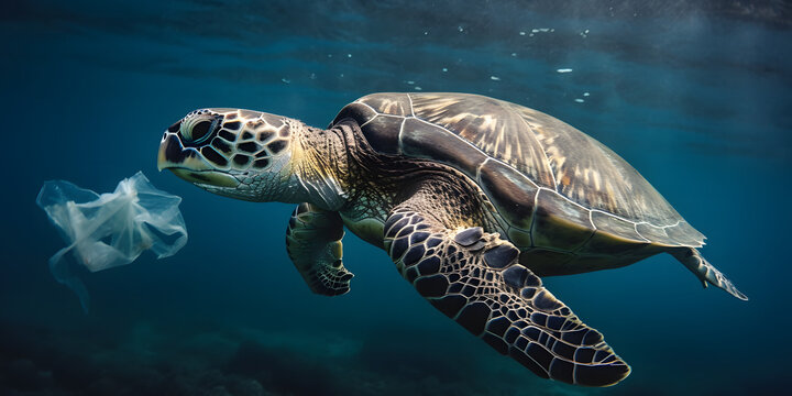 Plastic pollution in ocean problem. Sea Turtle eats plastic bag. Generative AI.