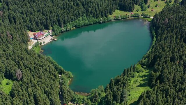 Savsat Karagol lake is a large trout lake in the forest in Artvin