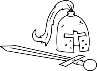 line drawing doodle of a medieval helmet and sword