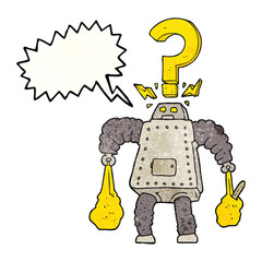 speech bubble textured cartoon confused robot carrying shopping