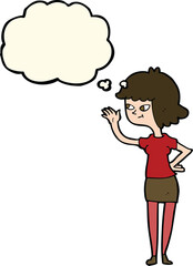 cartoon friendly girl waving with thought bubble