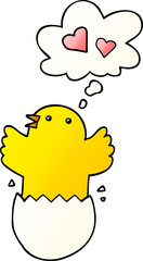 cute hatching chick cartoon and thought bubble in smooth gradient style