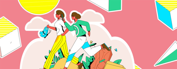 Vector internet operation hand-drawn illustration of people exercising and running healthy
