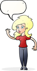 cartoon pretty woman waving with speech bubble