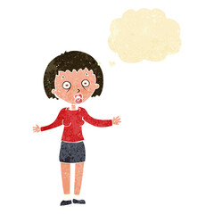 cartoon woman making excuses with thought bubble