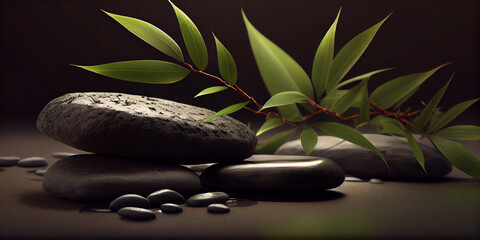 Obraz na płótnie Canvas image of bamboo stones and leaves background for wellness spa treatments, generative AI
