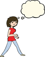 cartoon woman walking with thought bubble