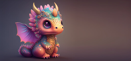 Little baby dragon sitting in the sunlit forest created with Generative AI 