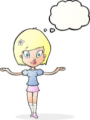 cartoon woman making balancing gesture with thought bubble